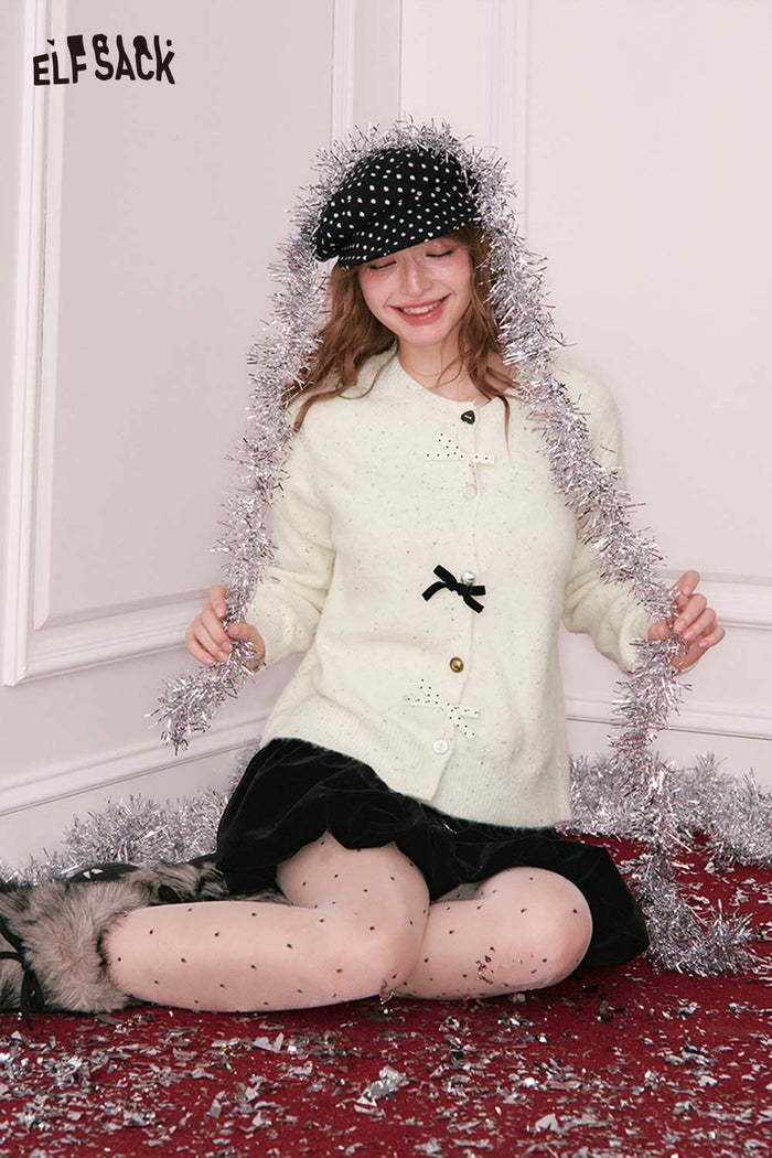 ELFSACK Preppy 3D Bow Embellishment Varied Button Cardigan