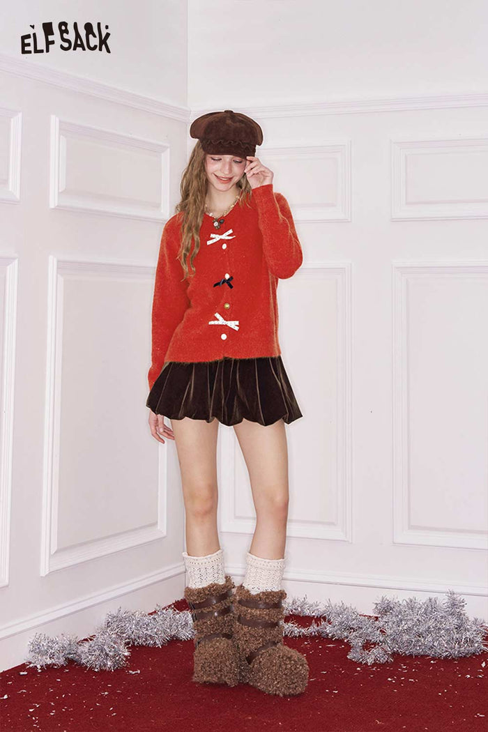 ELFSACK Preppy 3D Bow Embellishment Varied Button Cardigan