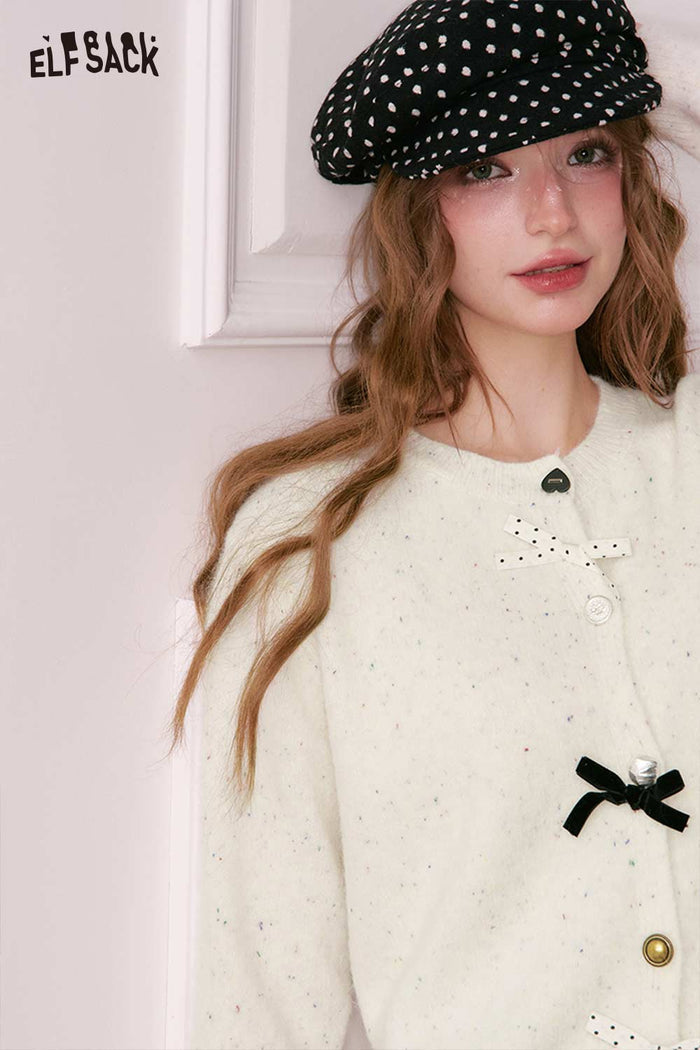 ELFSACK Preppy 3D Bow Embellishment Varied Button Cardigan