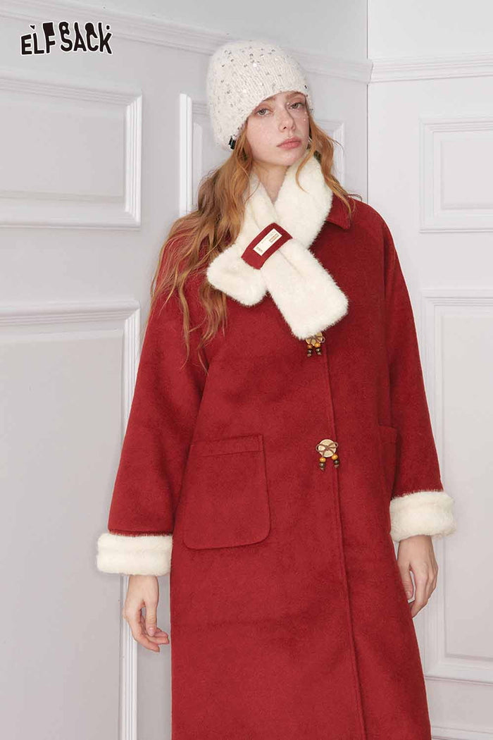 ELFSACK Preppy Bow Button Plush Turn Cuff Scarf Warm Coat