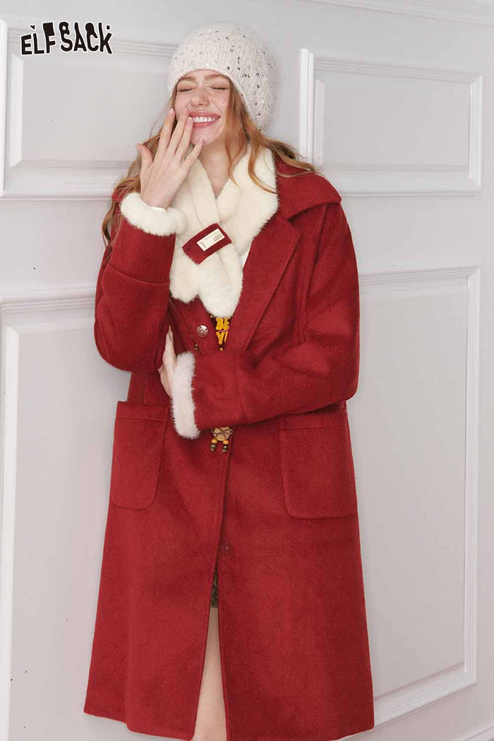 ELFSACK Preppy Bow Button Plush Turn Cuff Scarf Warm Coat