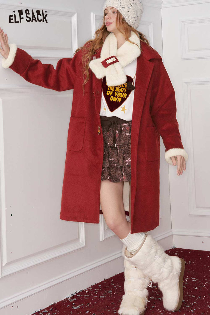 ELFSACK Preppy Bow Button Plush Turn Cuff Scarf Warm Coat