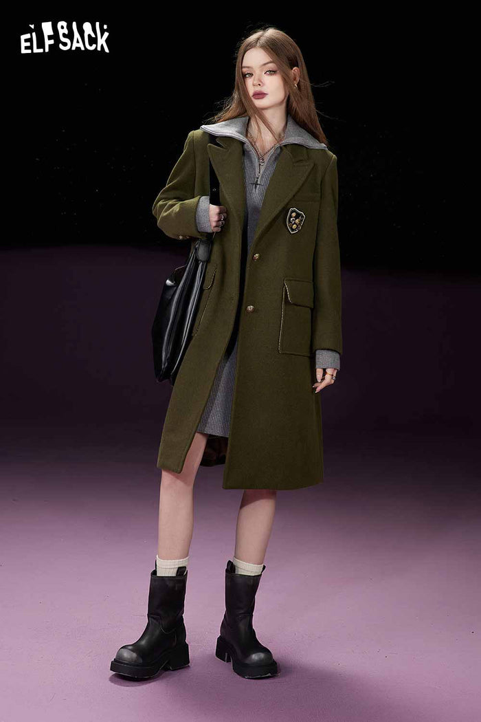ELFSACK Preppy British Long Wool Coat