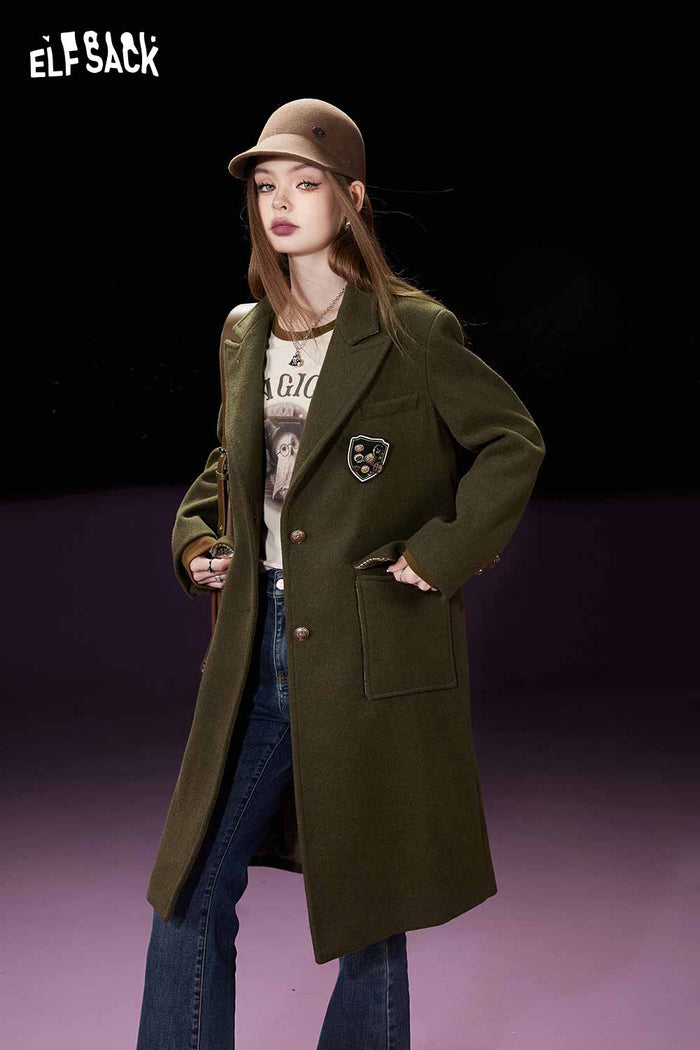 ELFSACK Preppy British Long Wool Coat