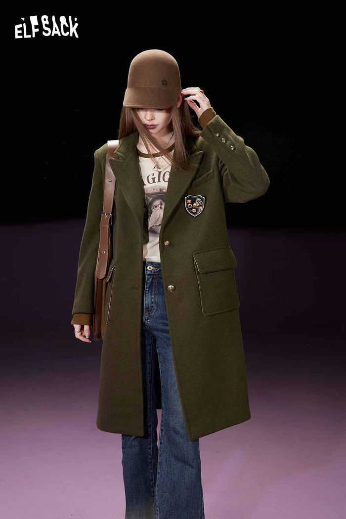 ELFSACK Preppy British Long Wool Coat