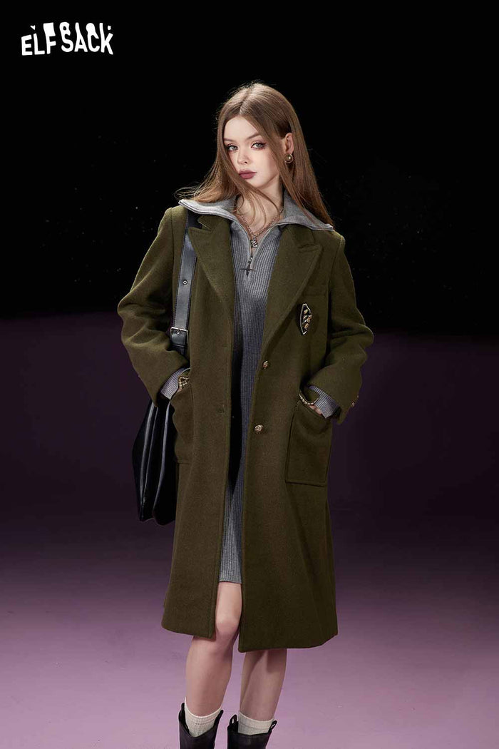 ELFSACK Preppy British Long Wool Coat