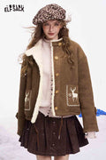 ELFSACK Preppy Cute Solid Deer Graphic Plush Coat