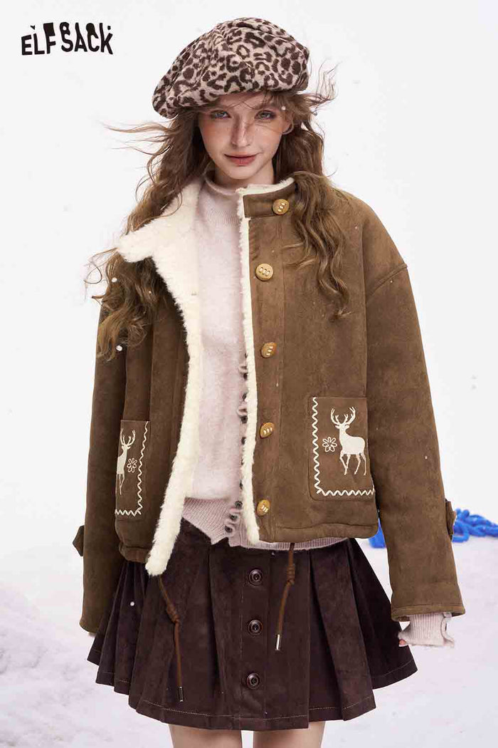 ELFSACK Preppy Cute Solid Deer Graphic Plush Coat