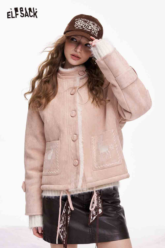 ELFSACK Preppy Cute Solid Deer Graphic Plush Coat