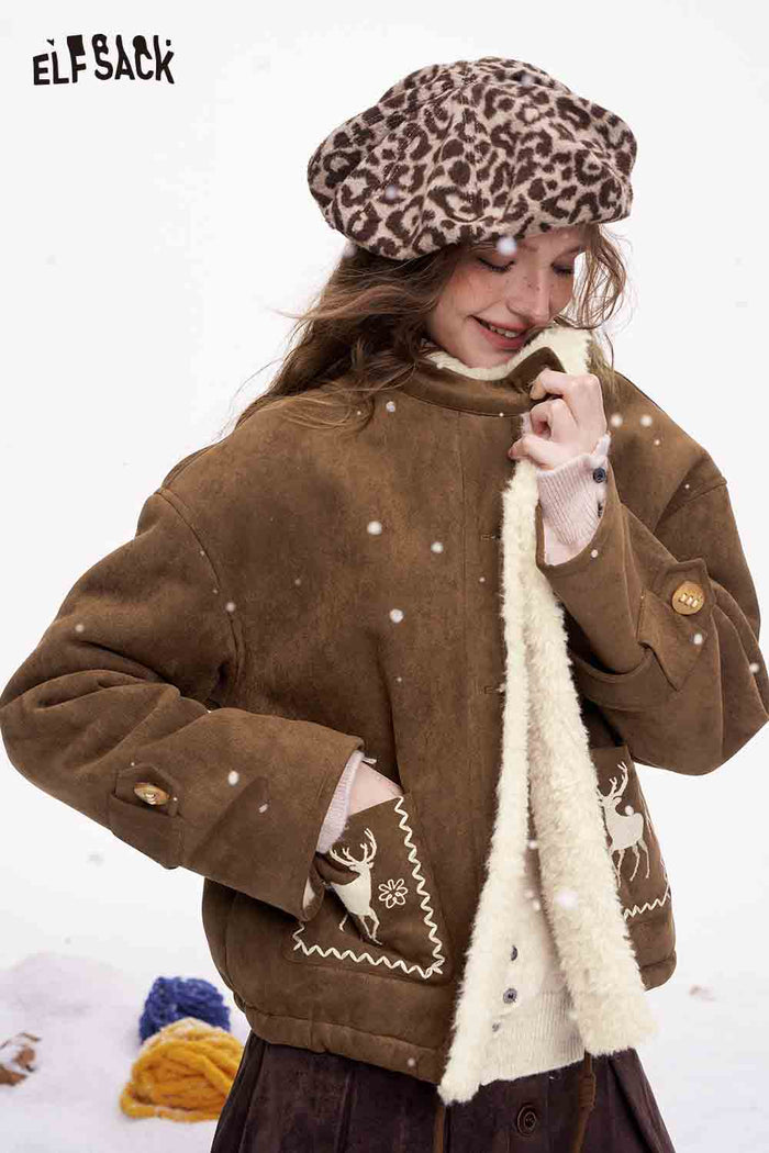 ELFSACK Preppy Cute Solid Deer Graphic Plush Coat