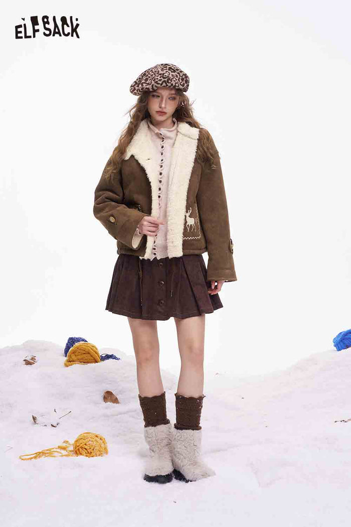 ELFSACK Preppy Cute Solid Deer Graphic Plush Coat