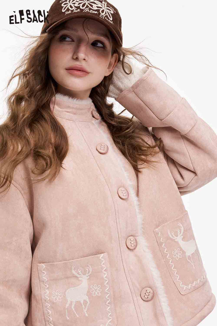 ELFSACK Preppy Cute Solid Deer Graphic Plush Coat