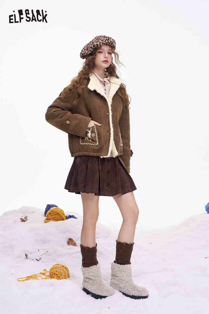 ELFSACK Preppy Cute Solid Deer Graphic Plush Coat