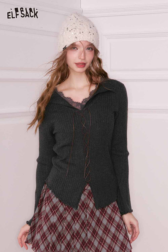 ELFSACK Preppy Plaid Fake Belt Detail Pleated Short Skirt
