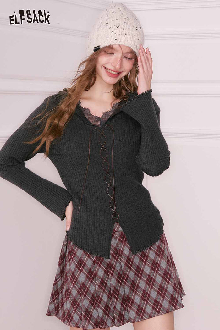 ELFSACK Preppy Plaid Fake Belt Detail Pleated Short Skirt