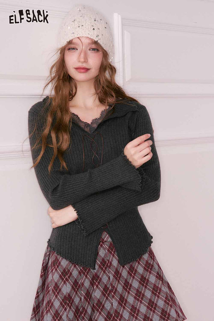 ELFSACK Preppy Plaid Fake Belt Detail Pleated Short Skirt