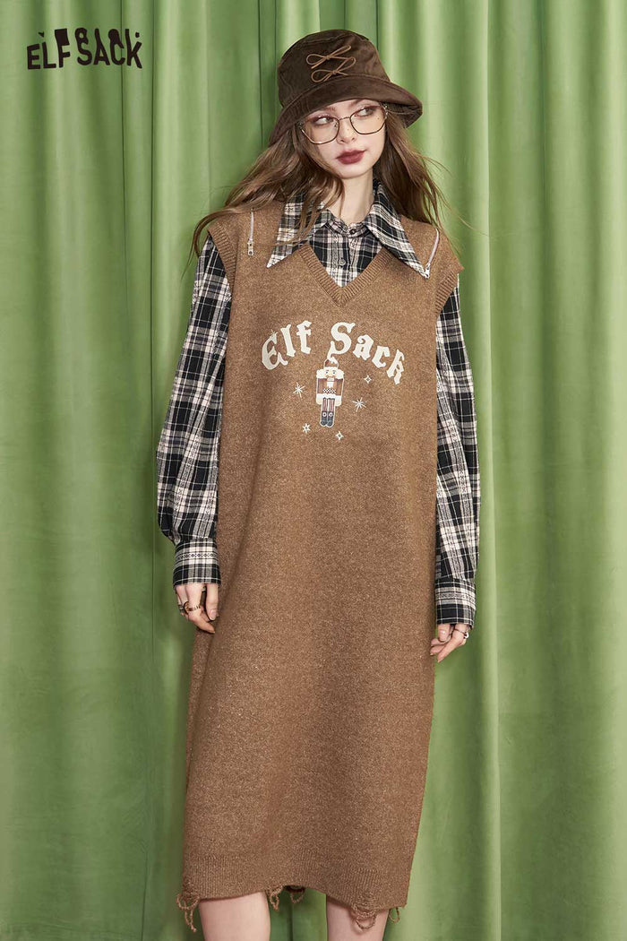 ELFSACK Preppy Plaid Patchwork Knit Dress