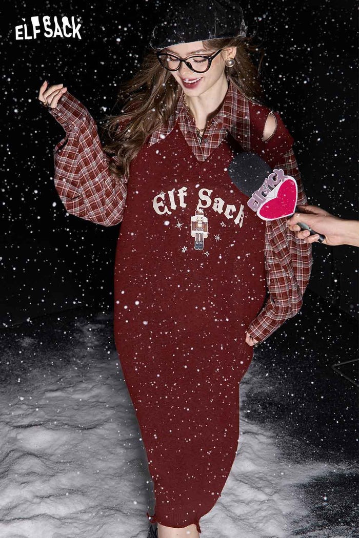 ELFSACK Preppy Plaid Patchwork Knit Dress