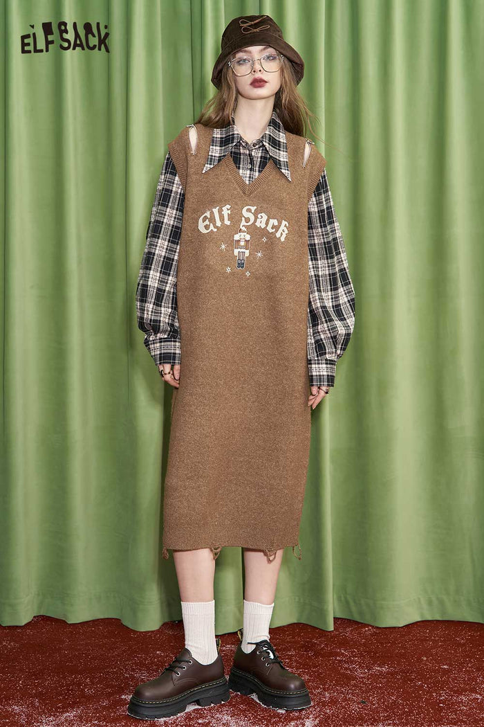 ELFSACK Preppy Plaid Patchwork Knit Dress