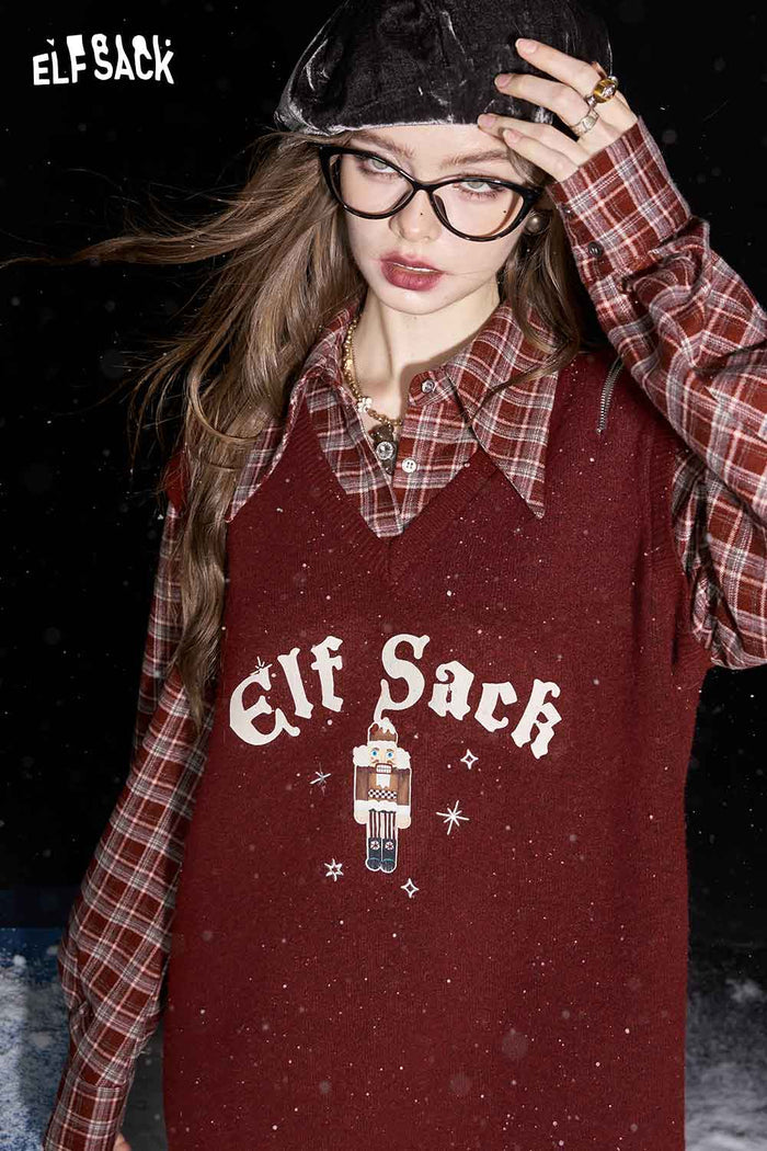 ELFSACK Preppy Plaid Patchwork Knit Dress