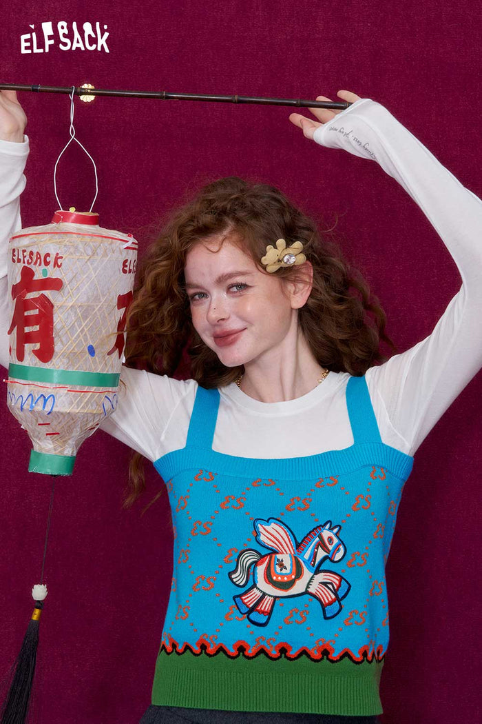 ELFSACK Preppy Pony Velvet Patchwork Monogram Print Knit Tank Top