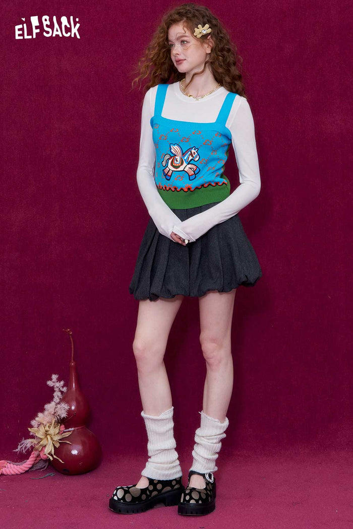 ELFSACK Preppy Pony Velvet Patchwork Monogram Print Knit Tank Top