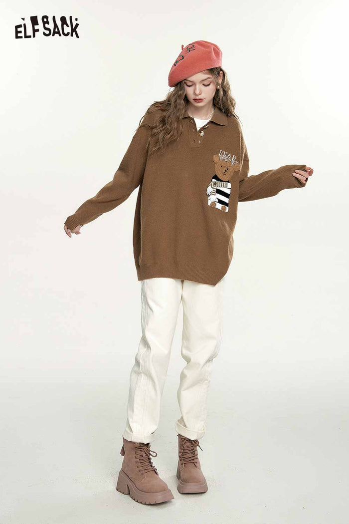 ELFSACK Preppy Red Soft Polo Neck Long Sleeve Knit Sweater