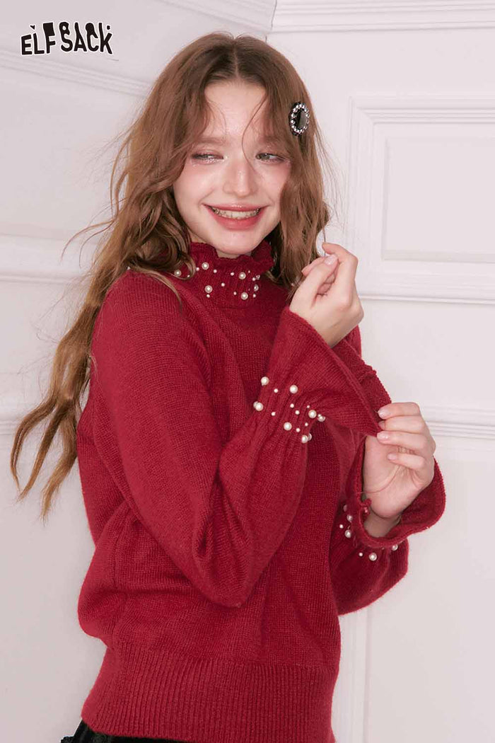 ELFSACK Preppy Solid High Neck Flutter Sleeve Pearl Sweater