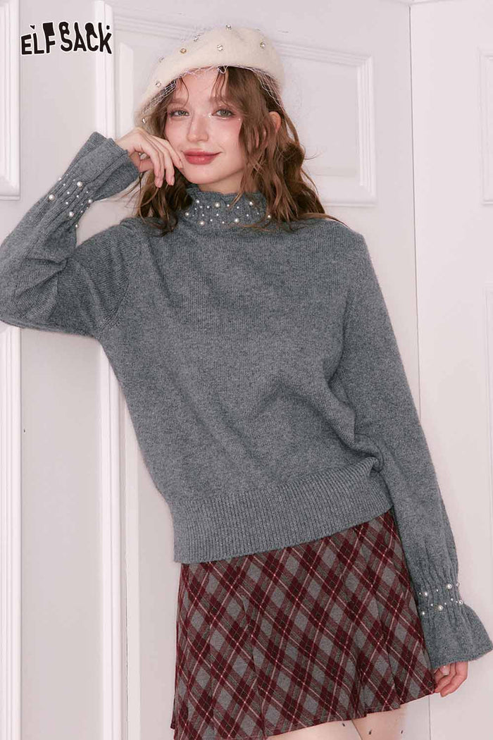 ELFSACK Preppy Solid High Neck Flutter Sleeve Pearl Sweater