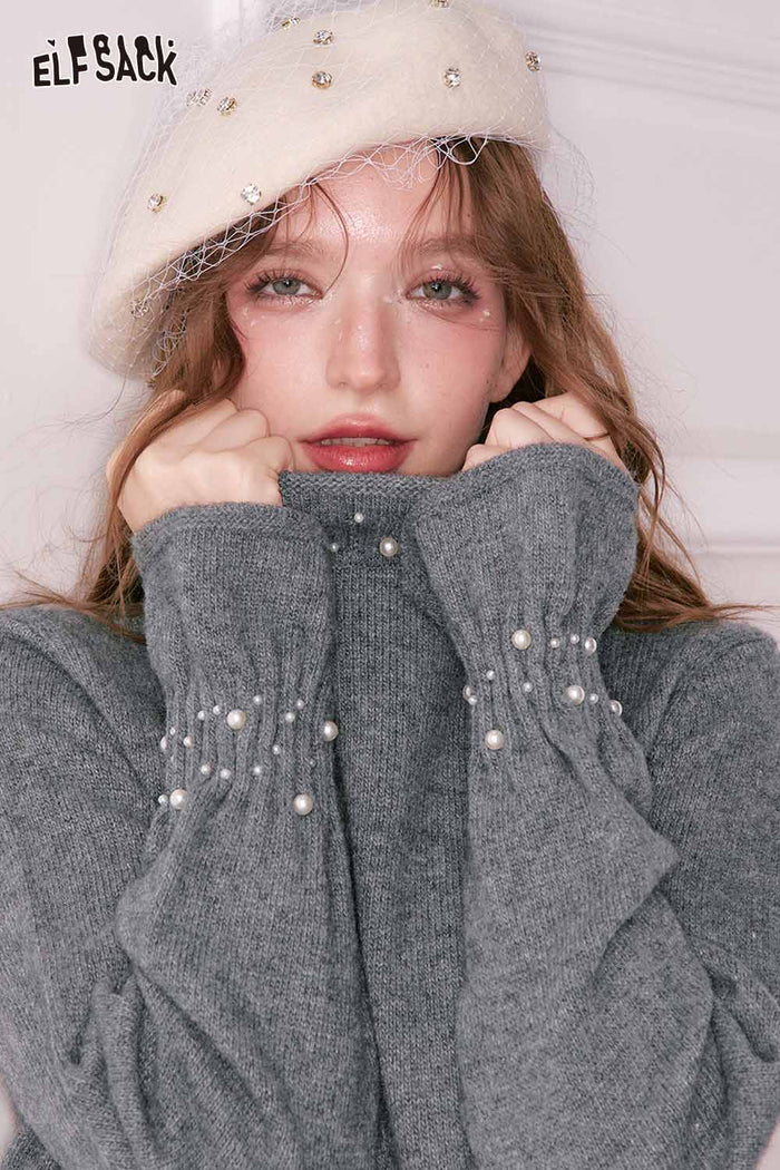 ELFSACK Preppy Solid High Neck Flutter Sleeve Pearl Sweater