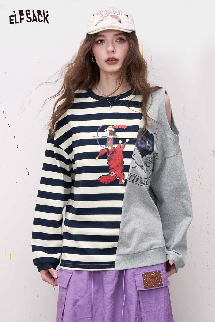 ELFSACK Preppy Striped Long Sleeve T Shirt with Asymmetrical Shoulder