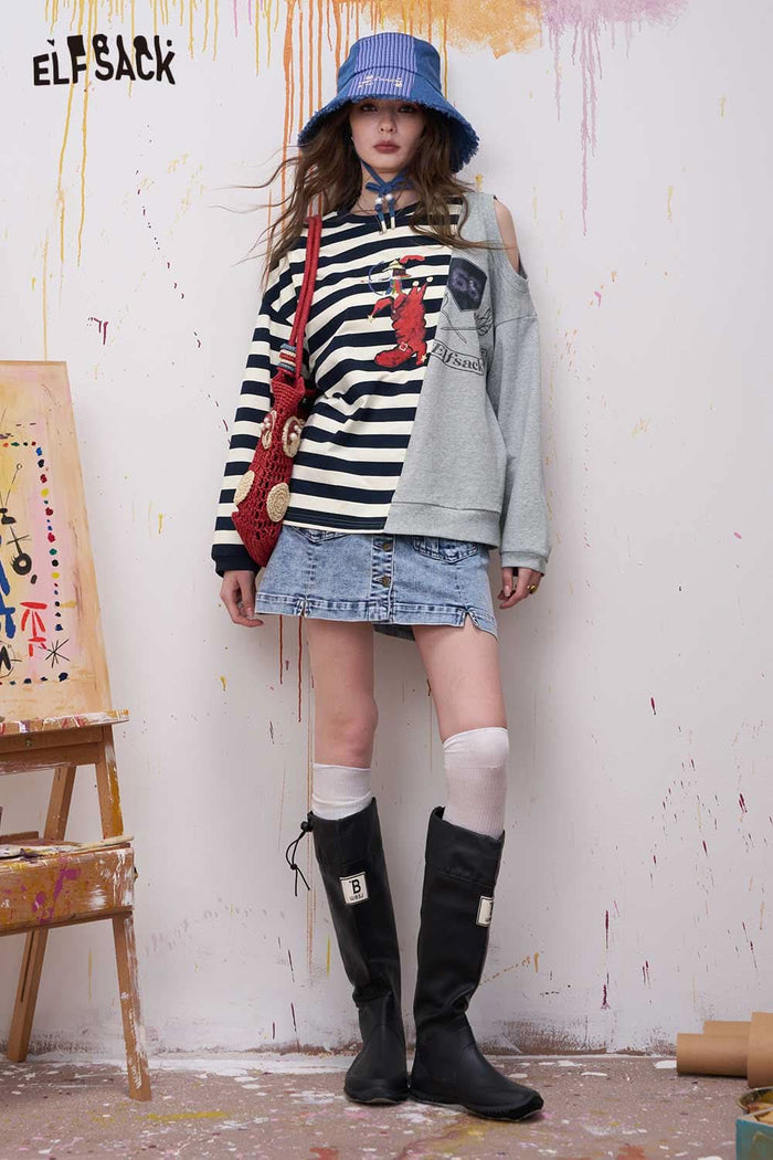 ELFSACK Preppy Striped Long Sleeve T Shirt with Asymmetrical Shoulder