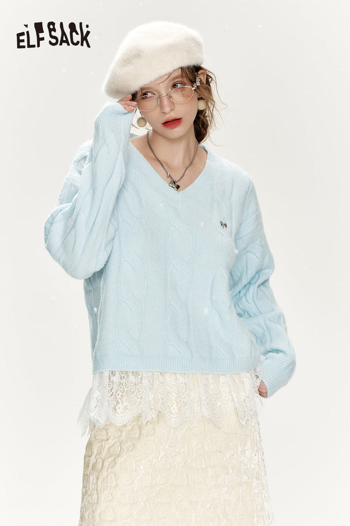 ELFSACK Preppy style soft sweater with v-neck lace stitching