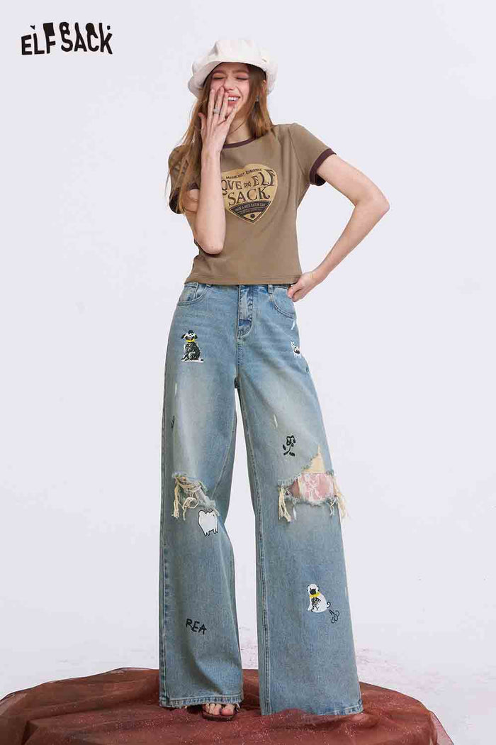 ELFSACK Printed Straight Leg Distressed Lace Jeans