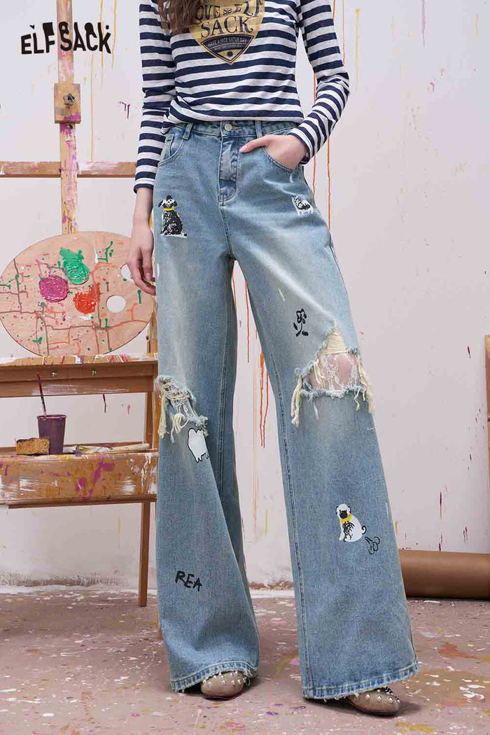 ELFSACK Printed Straight Leg Distressed Lace Jeans