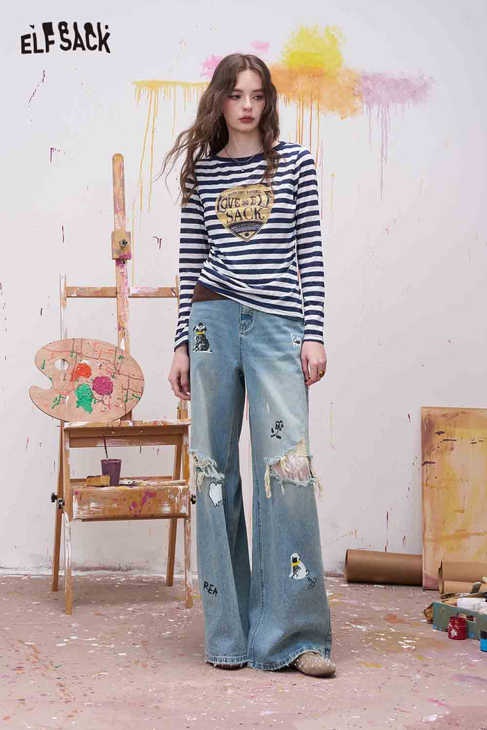 ELFSACK Printed Straight Leg Distressed Lace Jeans
