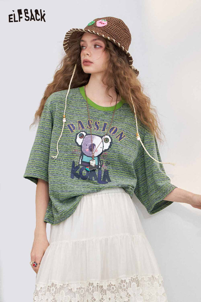 ELFSACK Printed Striped Crewneck Loose Short Sleeve T-Shirt