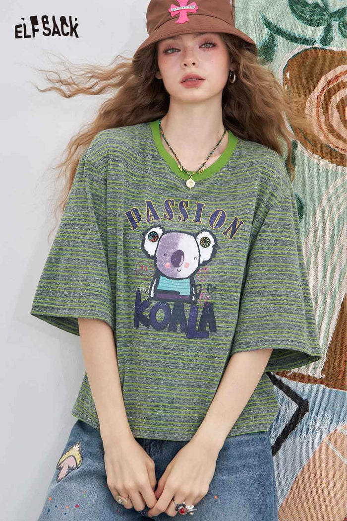 ELFSACK Printed Striped Crewneck Loose Short Sleeve T-Shirt