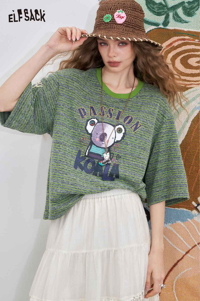 ELFSACK Printed Striped Crewneck Loose Short Sleeve T-Shirt