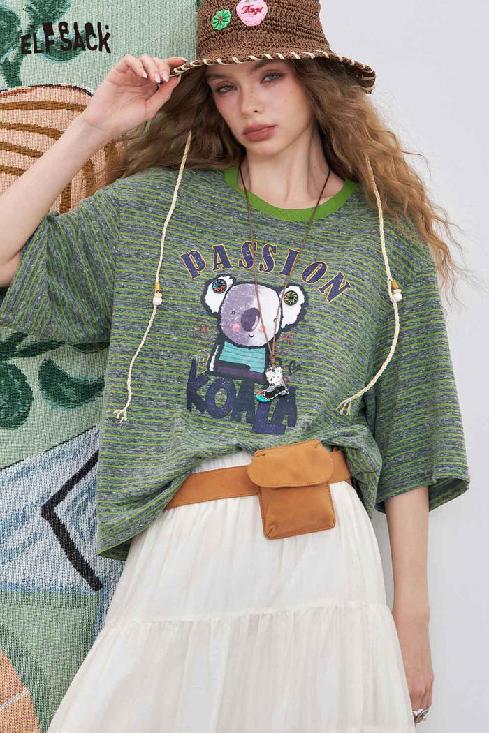 ELFSACK Printed Striped Crewneck Loose Short Sleeve T-Shirt