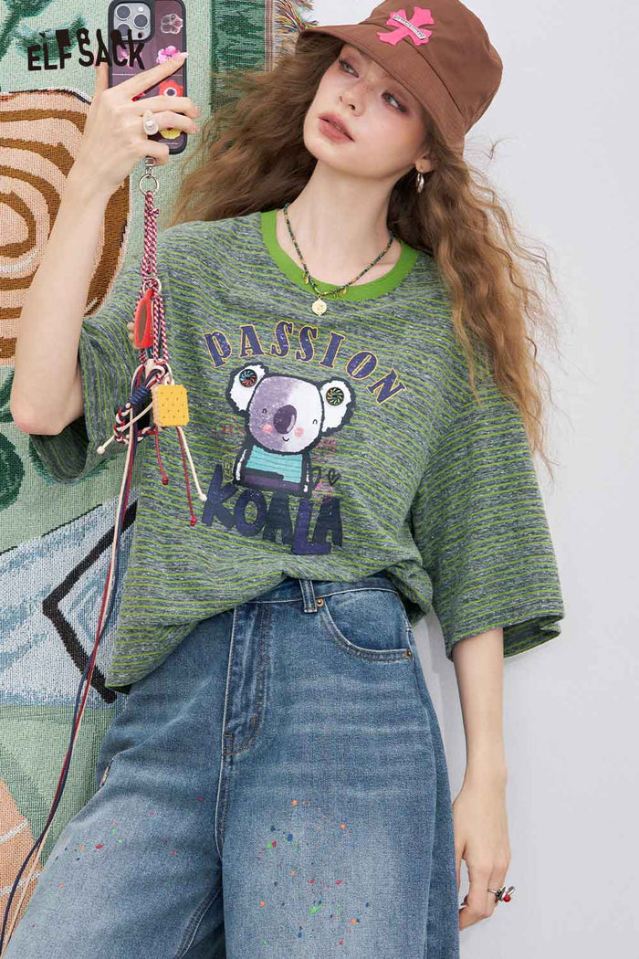 ELFSACK Printed Striped Crewneck Loose Short Sleeve T-Shirt