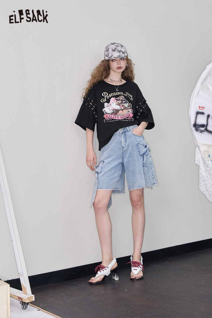 ELFSACK Printed Tie-Up Patchwork Loose Short Sleeve T-Shirt