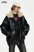 ELFSACK PU Black Large Faux Fur Collar Horn Button Leather Jacket