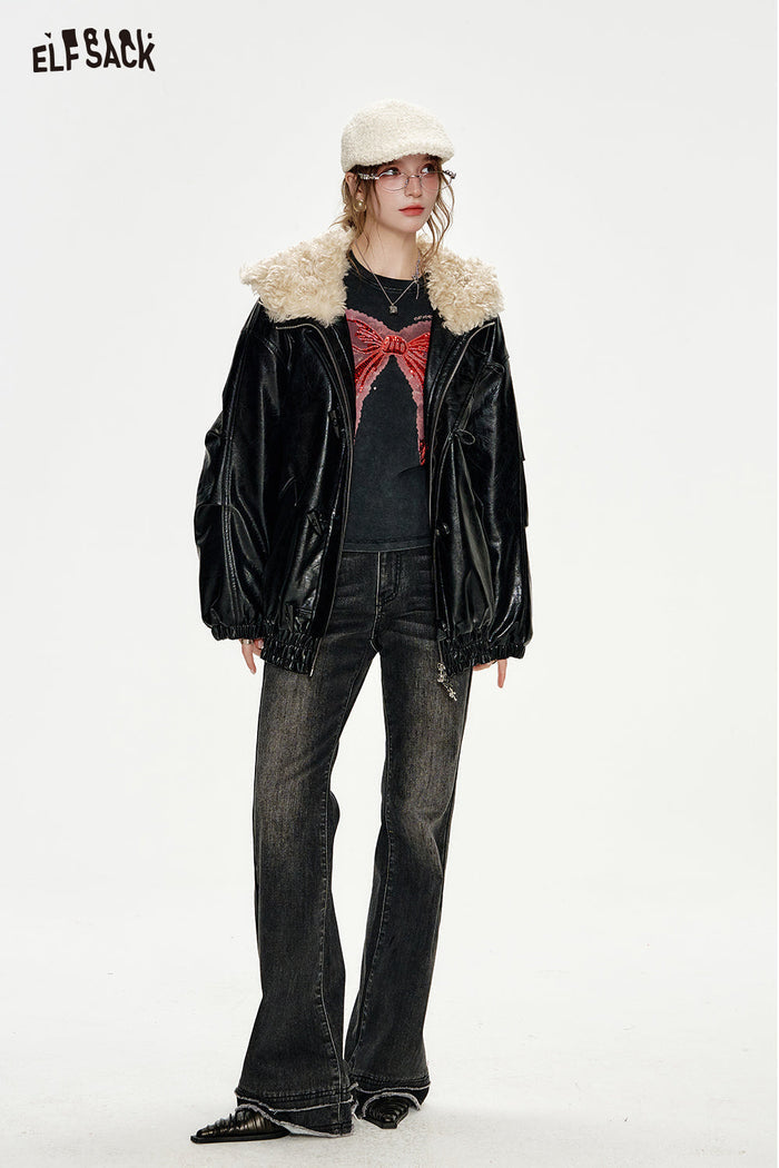 ELFSACK PU Black Large Faux Fur Collar Horn Button Leather Jacket