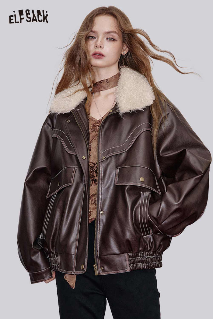 ELFSACK PU Leather Faux Fur Collar Biker Jacket