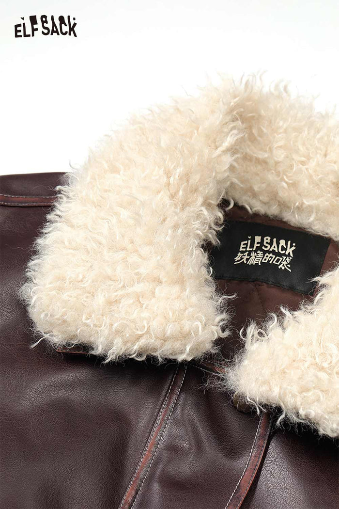 ELFSACK PU Leather Faux Fur Collar Biker Jacket