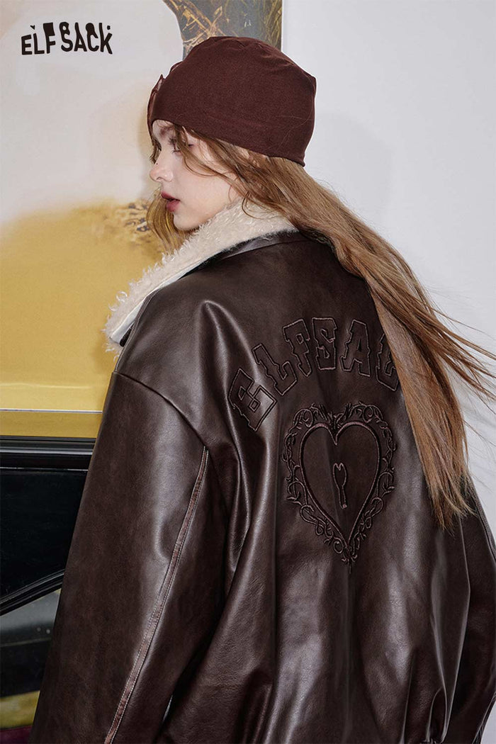 ELFSACK PU Leather Faux Fur Collar Biker Jacket