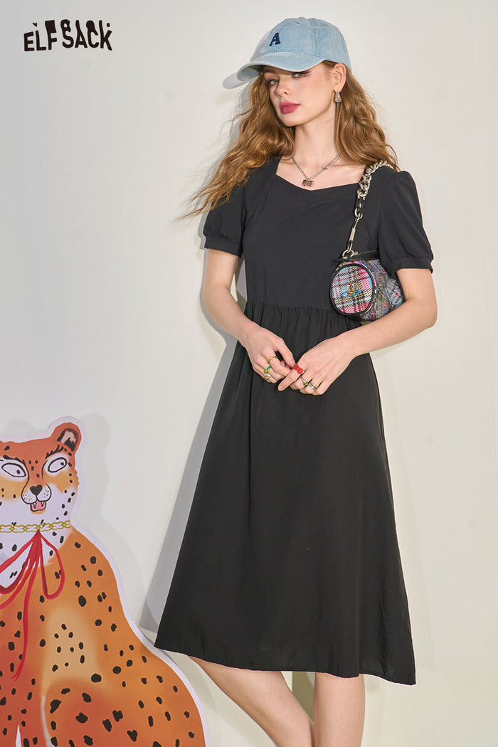 ELFSACK Puff Sleeve Color Block Waist Tie Black Dress