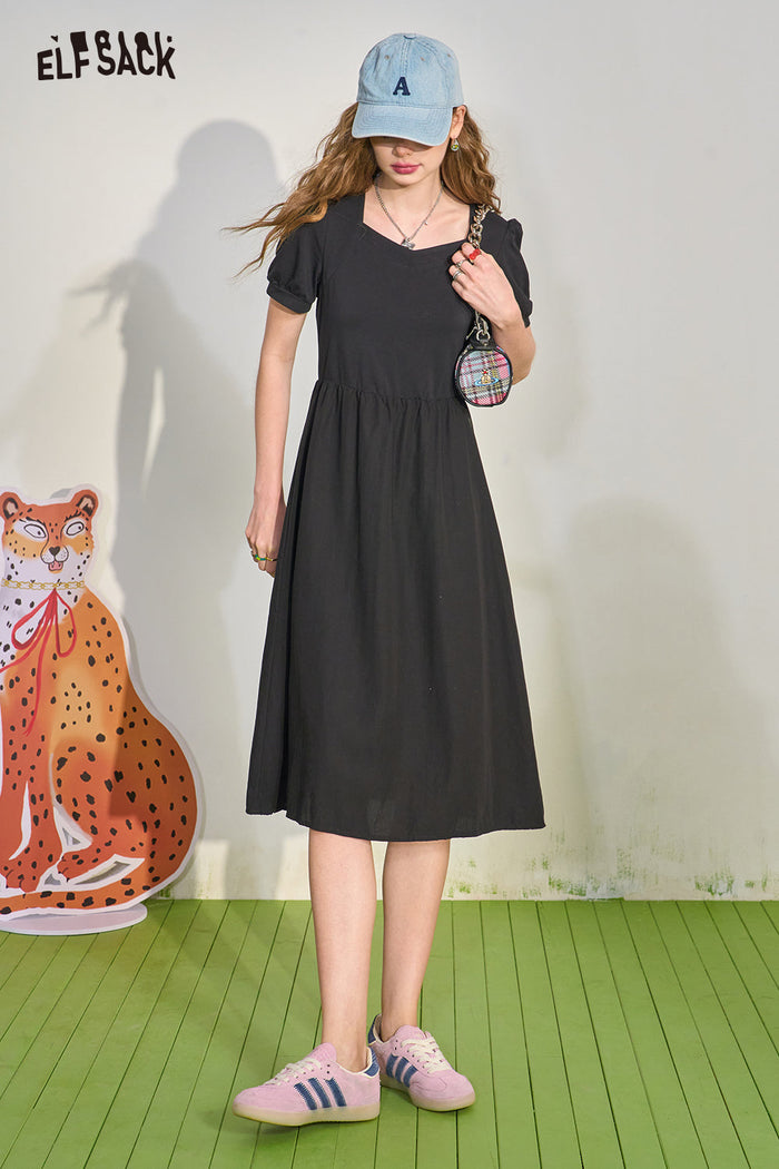 ELFSACK Puff Sleeve Color Block Waist Tie Black Dress