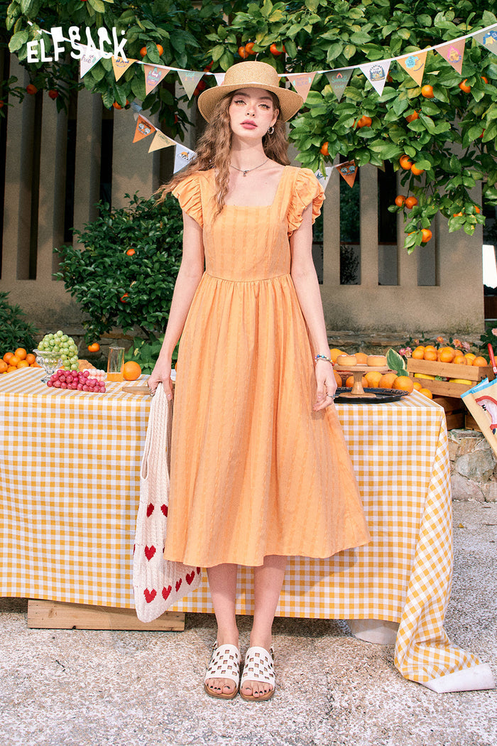 ELFSACK Puff sleeve French square neck slim waist dress